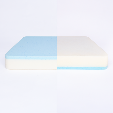 A double sided pet bed mattress that shows the cool gel technology on one side and orthopedic mattress of the other side.