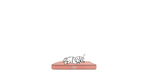 A drawn dog sleeping on top of a peach pink pet bed.