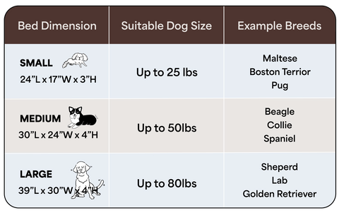 A chart showing which pet bed size is suitable for different dog breeds by weight and example breeds.